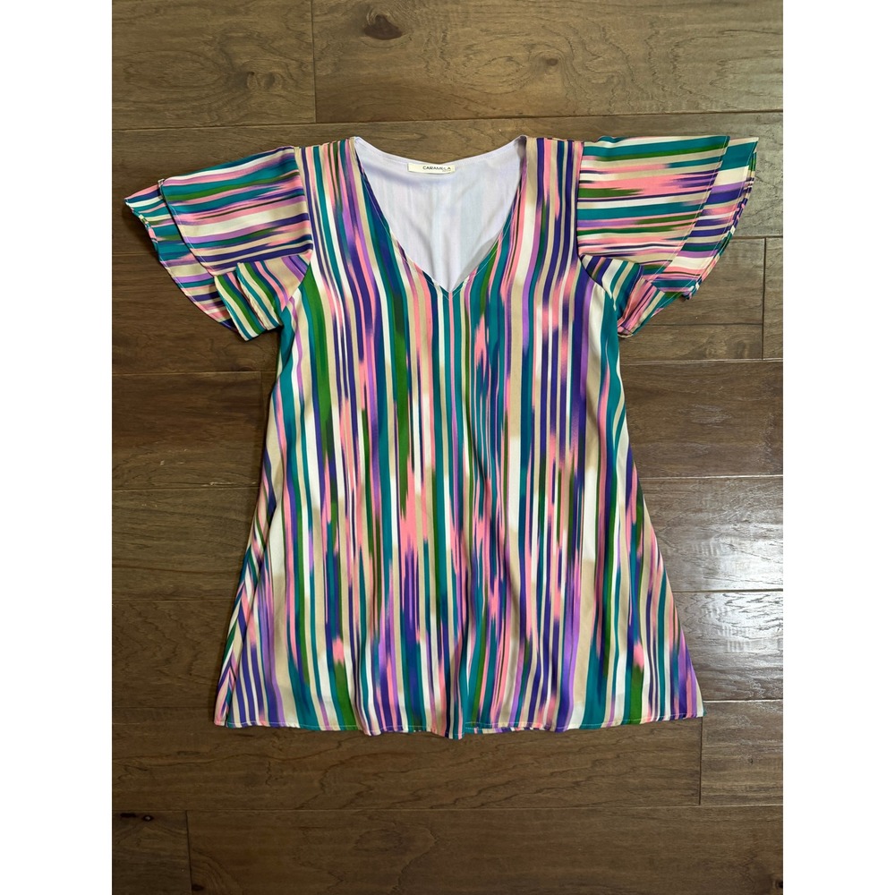 Caramela Womens V-Neck Flutter Sleeve Striped Dress Multicolor Medium CD7572-9